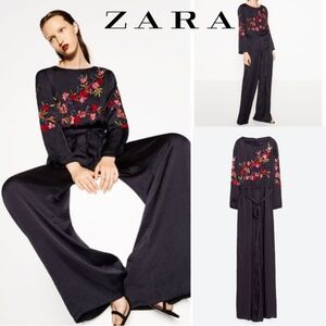 Zara Floral Embroidered Deep Blue Jumpsuit Size Medium
